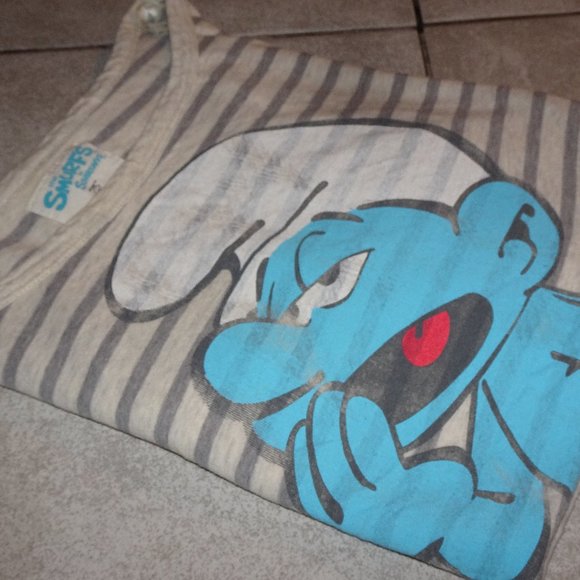 Crop Top Smurfs Graphic T-shirt M-Grey Stripped - Picture 4 of 5